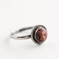 Load image into Gallery viewer, Handmade sterling silver ring with round jasper gemstone, hammered band, and rope bezel, size 8.