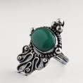 Load image into Gallery viewer, Handcrafted sterling silver statement ring featuring oval green aventurine and intricate metalwork, size 8.
