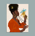 Load image into Gallery viewer, Illustration of Kyra, a black woman in a burnt orange dress, smelling flowers against a minimalist background.