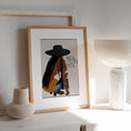 Load image into Gallery viewer, Stylish artwork featuring a black woman with long braids, dressed in vibrant colors, wearing a black straw hat.