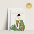 Load image into Gallery viewer, Feminine birthday greeting card featuring a woman in a green dress with flowers, gold foil details, and a "Peace, Comfort and Strength" message.