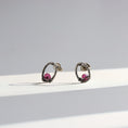 Load image into Gallery viewer, Tiny pink tourmaline stud earrings handmade in sterling silver with natural gemstone detail on a soft neutral background