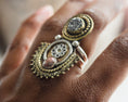 Load image into Gallery viewer, Sultry bohemian ring with deep red jasper and glittering black druzy agate, layered brass and silver metals, handcrafted statement piece.