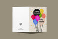 Load image into Gallery viewer, Illustrated greeting card with colorful balloons, stars, and flowers, wishing "Happy Birthday"