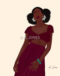 Load image into Gallery viewer, Artwork featuring Zoey, a shy and loyal black woman in a cranberry shirt and skirt, accessorized with white flower earrings.