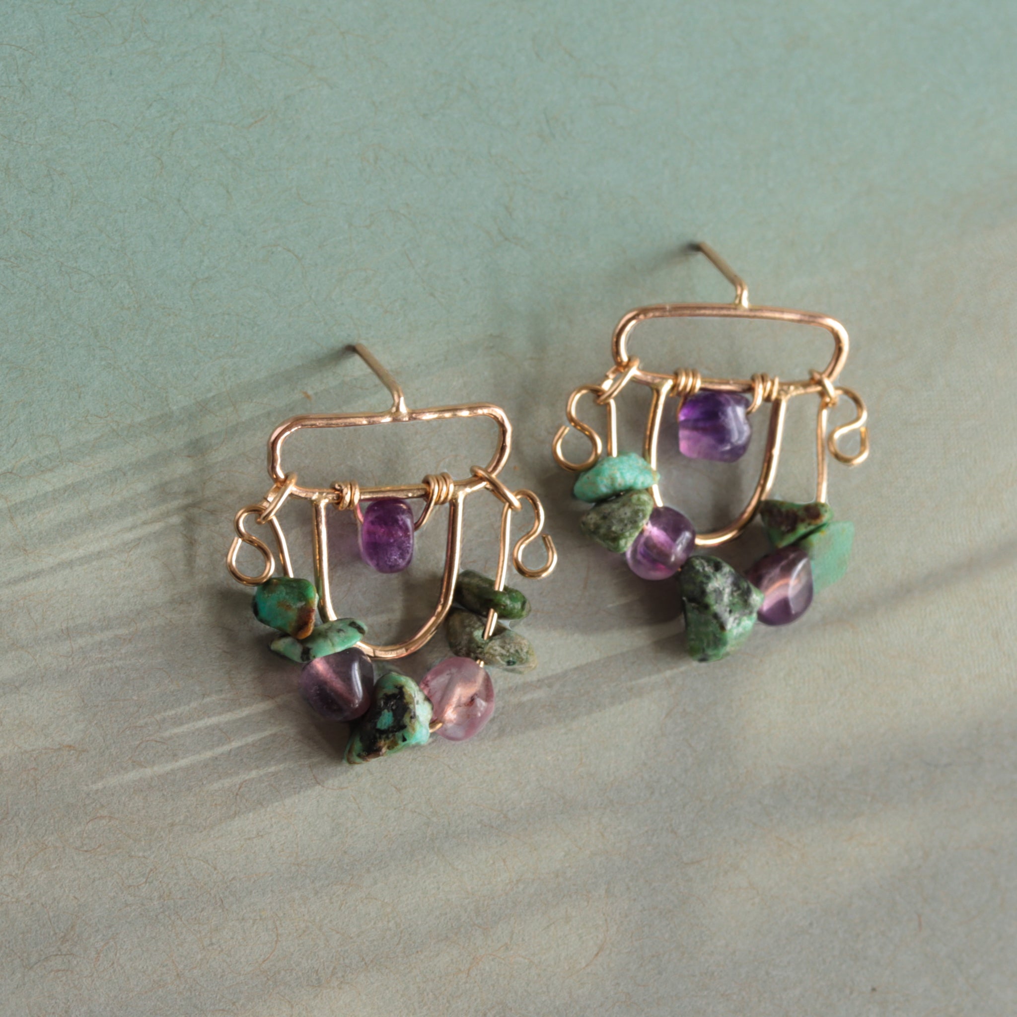 Turquoise and Amethyst Gemstone Stud Earrings, 14k Gold Filled Earrings