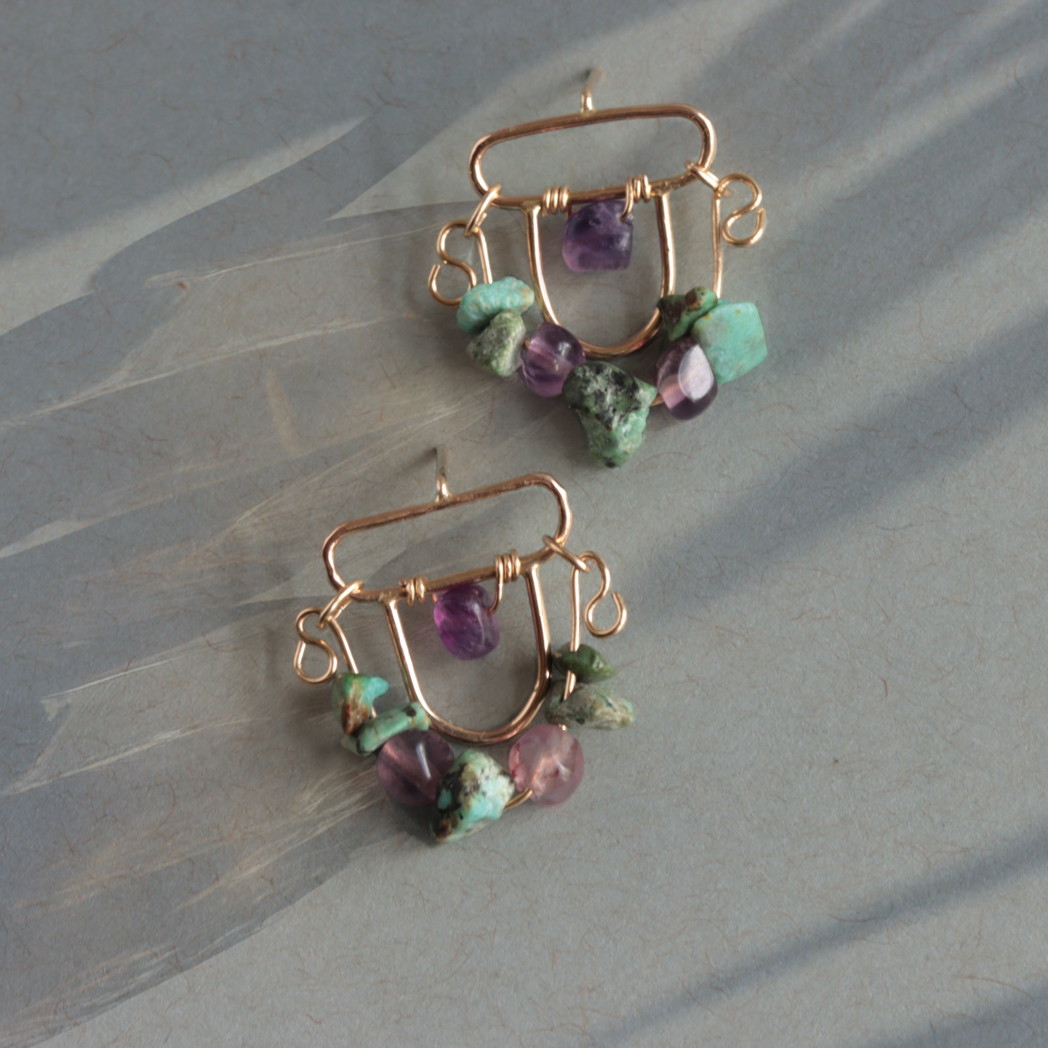 Turquoise and Amethyst Gemstone Stud Earrings, 14k Gold Filled Earrings