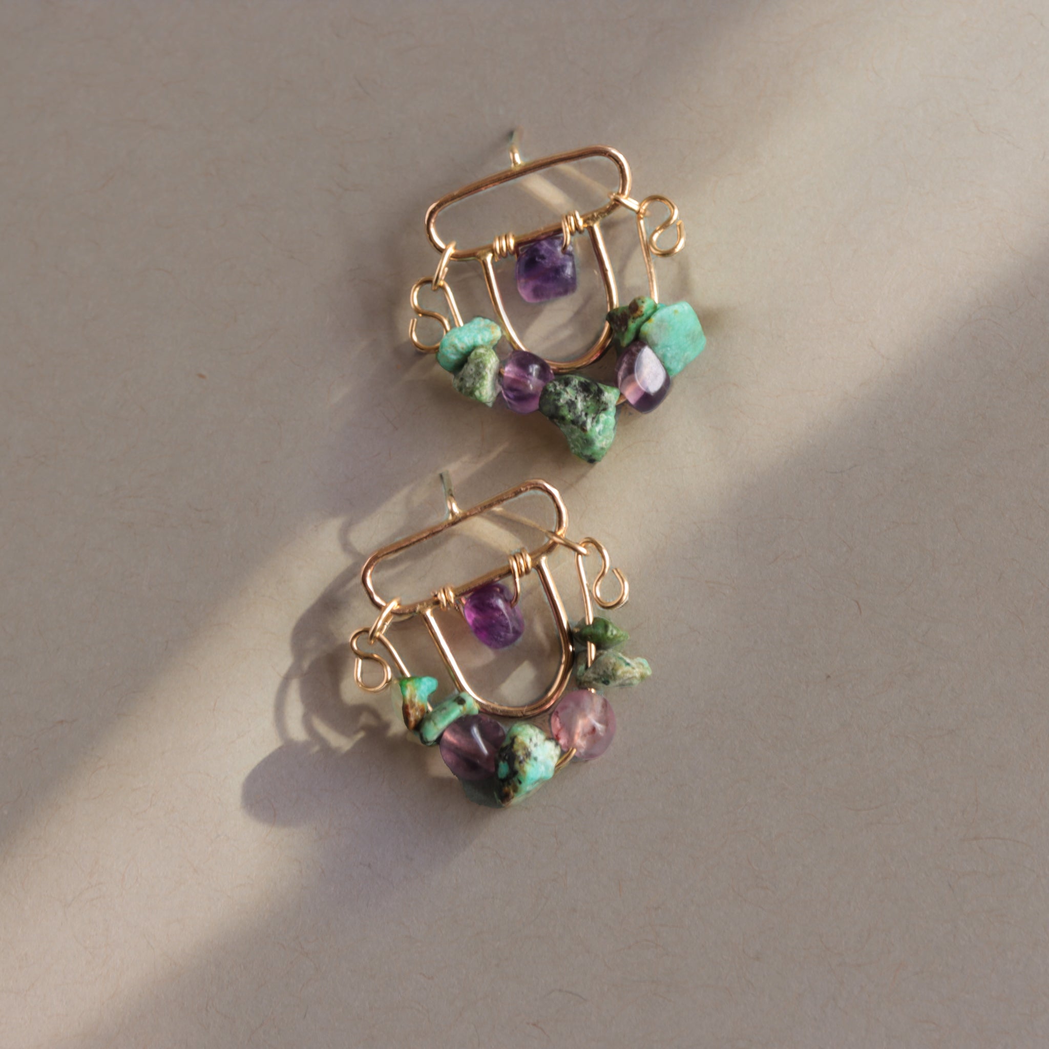 Turquoise and Amethyst Gemstone Stud Earrings, 14k Gold Filled Earrings