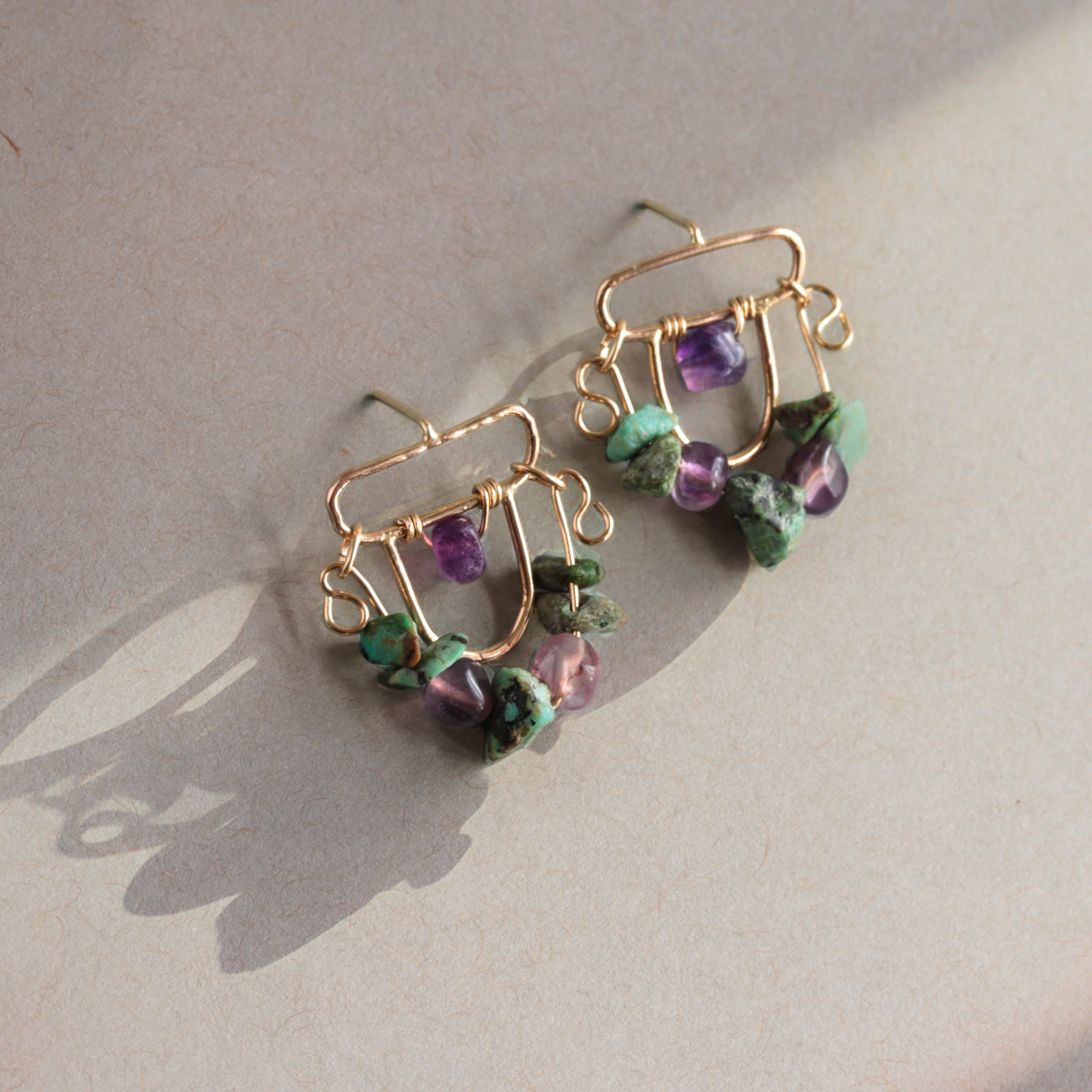 Turquoise and Amethyst Gemstone Stud Earrings, 14k Gold Filled Earrings