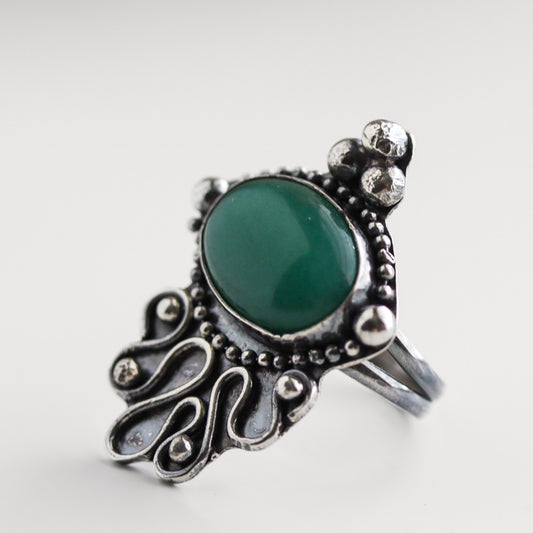 Handcrafted sterling silver statement ring featuring oval green aventurine and intricate metalwork, size 8.