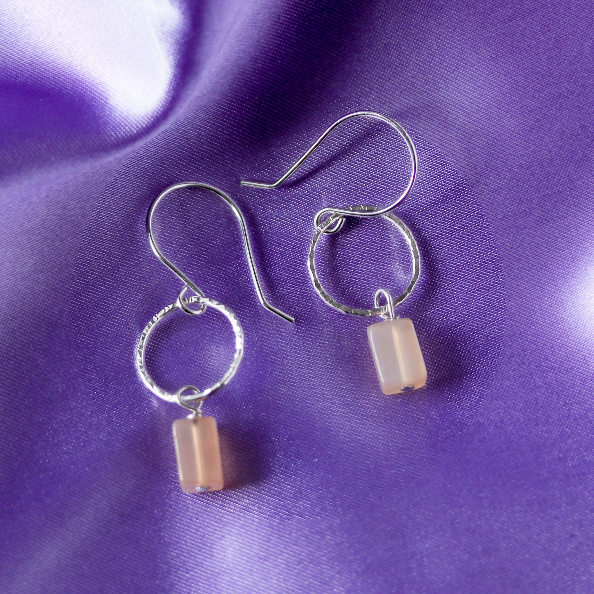 Handmade sterling silver drop dangle earrings with peach moonstone gemstones