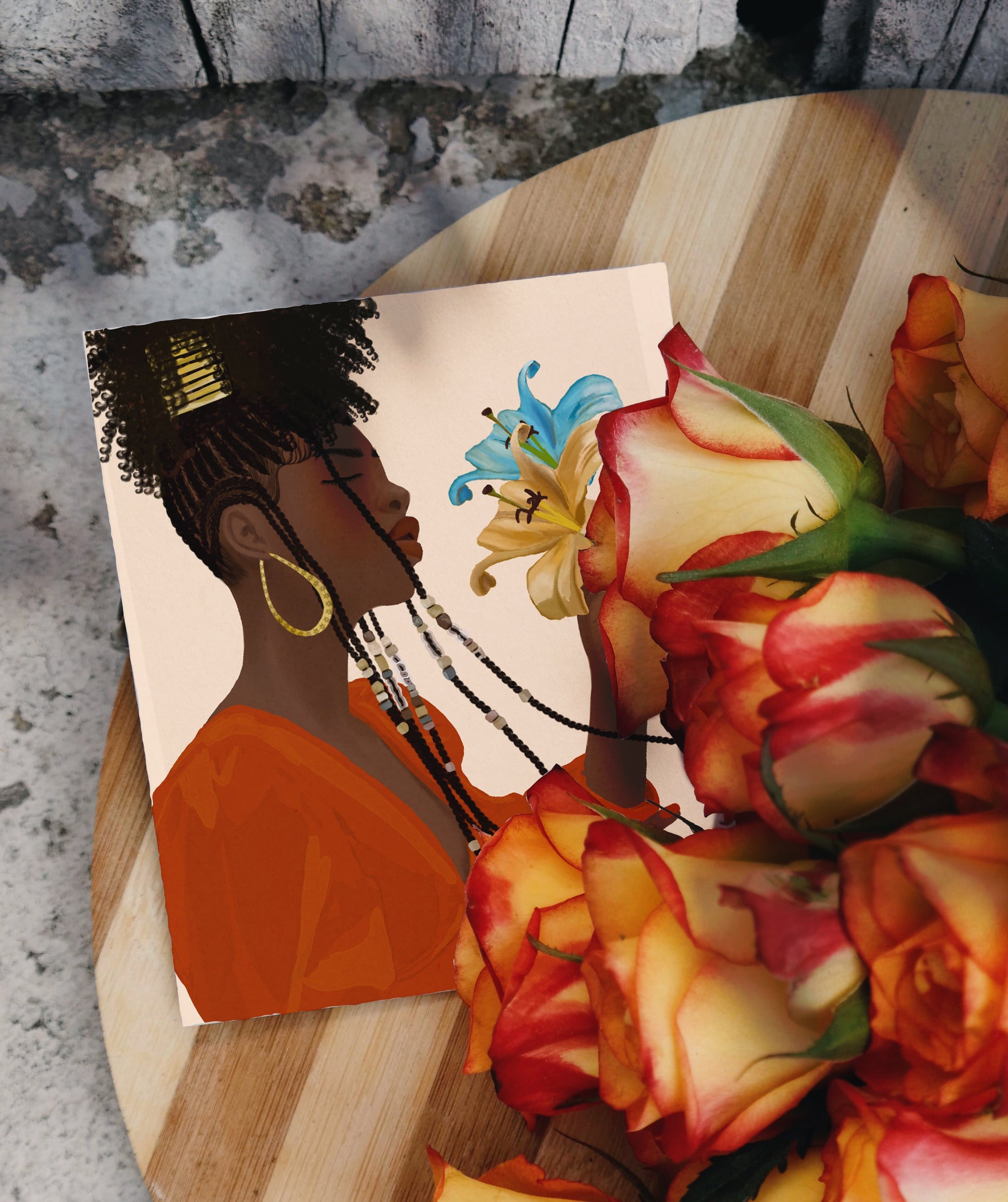 Artwork featuring Kyra, an easy-going and spontaneous black woman, smelling flowers in a simple and serene setting.