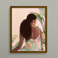 Illustration of a black woman in a bohemian-style pastel dress with long wavy hair