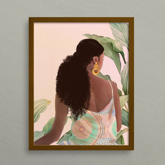 Illustration of a black woman in a bohemian-style pastel dress with long wavy hair