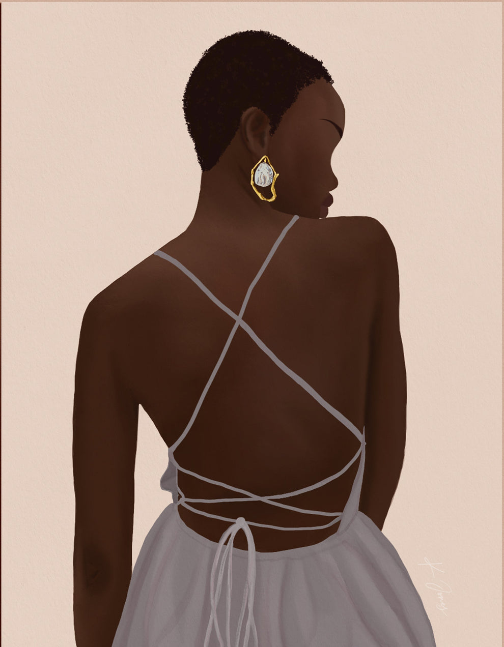 Illustration of Elana, a black woman in a minimalist scene, looking over her shoulder in a cross-strap sleeveless mauve dress