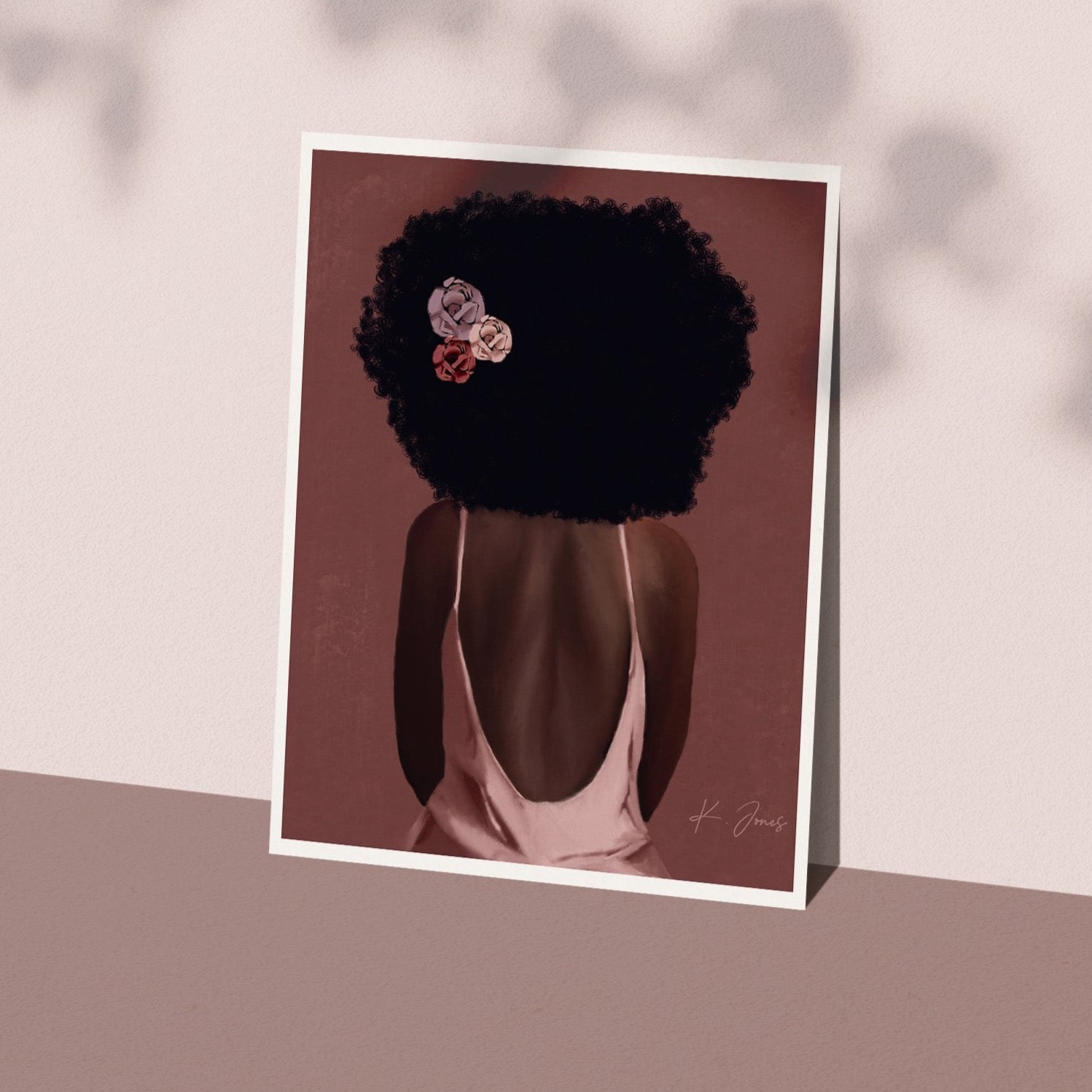 llustration of Jennifer, a black woman in a minimalist scene, looking over her shoulder in a blush dress.