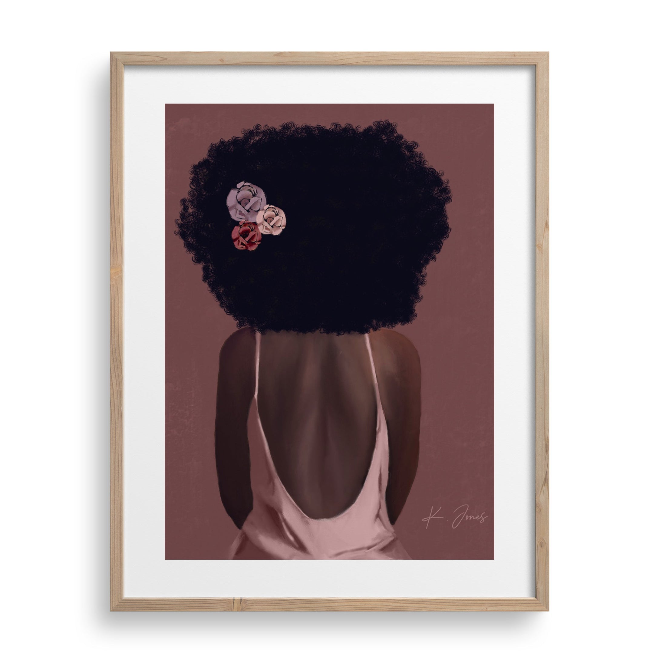 Elegant black woman named Jennifer, depicted in a blush dress with a minimalist background.