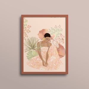 Art print of a woman sitting with her head down, surrounded by pastel-colored flowers