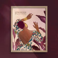 Load image into Gallery viewer, Illustration of Tula, a black woman with her back turned, wearing a floral dress against a minimalist background with purple leaves.
