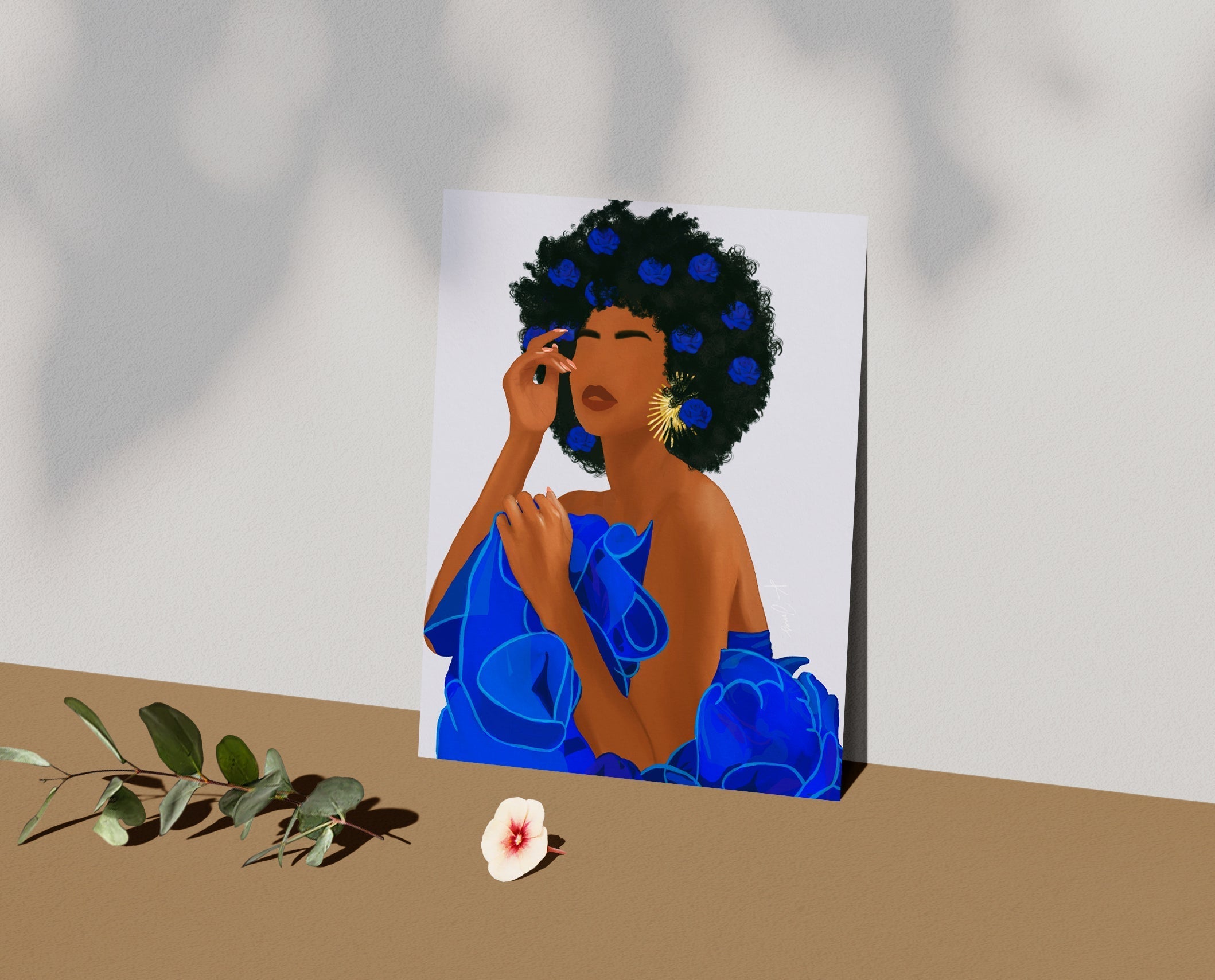 Artwork featuring Dia, a black woman in a vibrant royal blue ruffle dress, set against a simple and sophisticated scene.