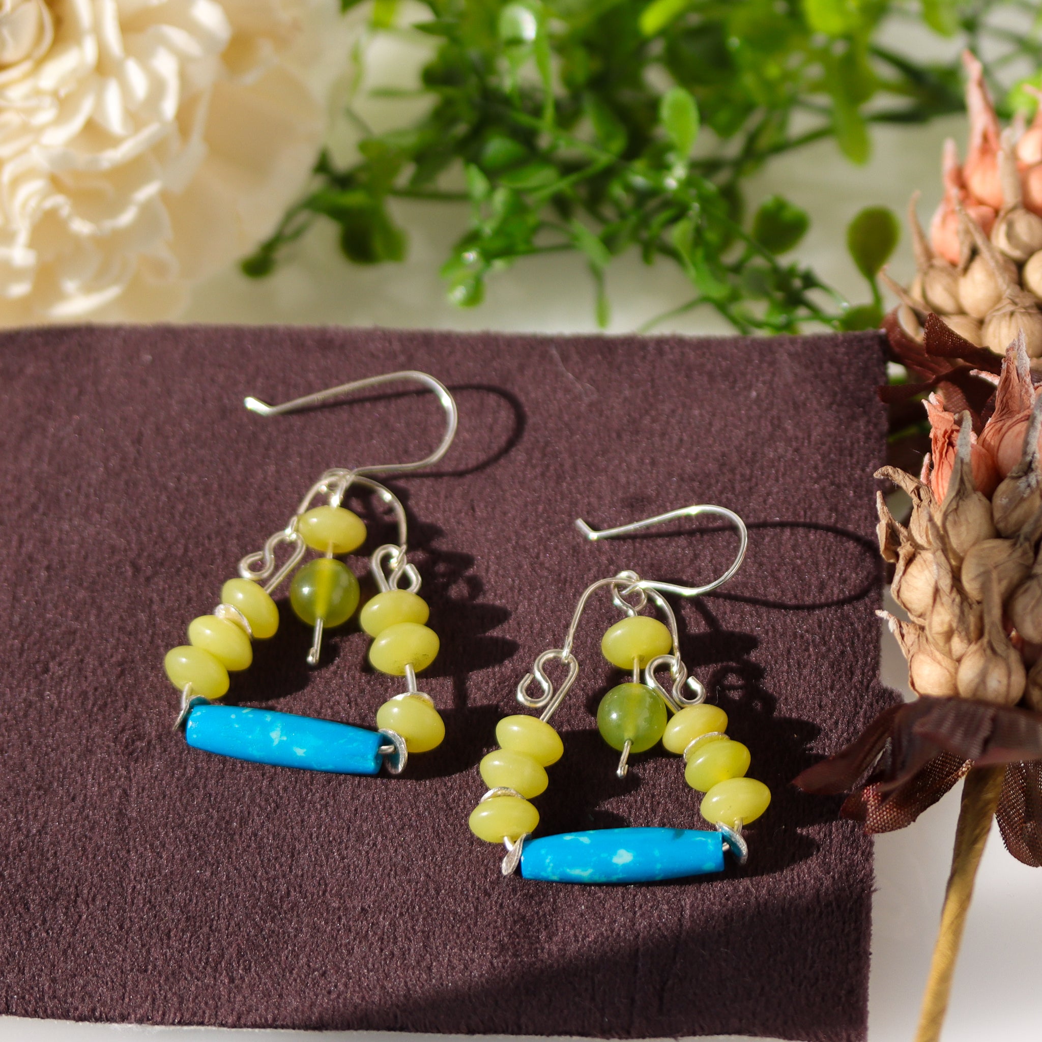 Olive Jade Sterling Silver Dangle Earrings