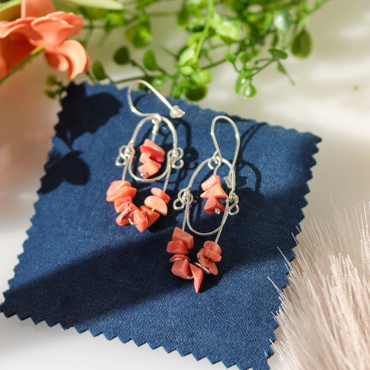 Pink Coral Stone, Sterling Silver Dangle Earrings