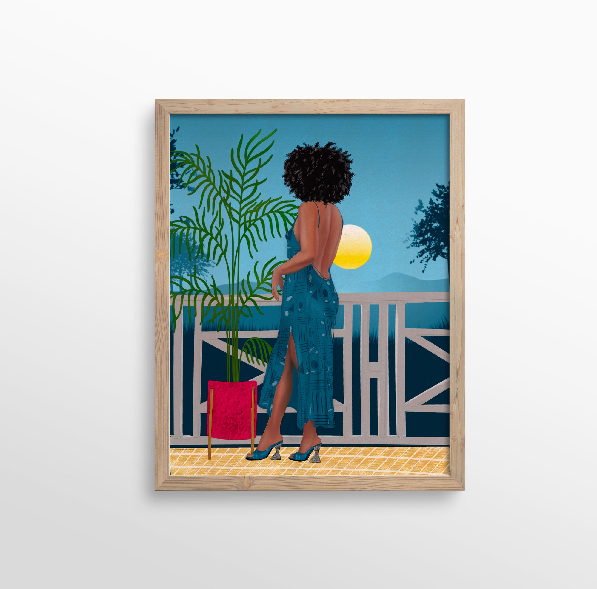 Elegant and modern illustration of Camila with natural afro hair, set against a moonlit tropical scene.