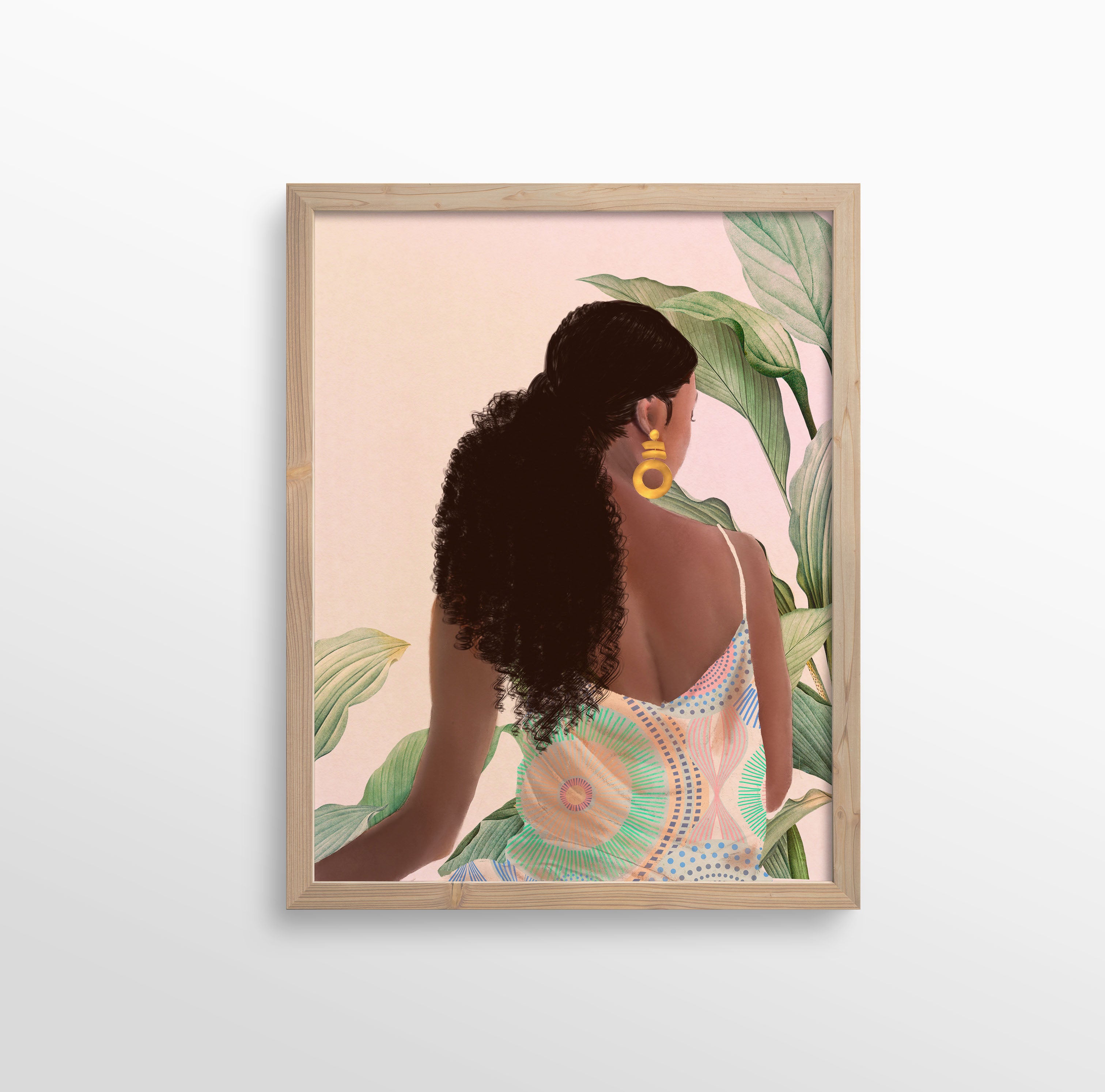 Chic black woman illustration with long wavy hair and a pastel dress, created to inspire beauty.