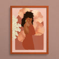 Load image into Gallery viewer, Illustration of Lee, a black woman in a sienna-colored dress, looking over her shoulder with a minimalist background and floral border.
