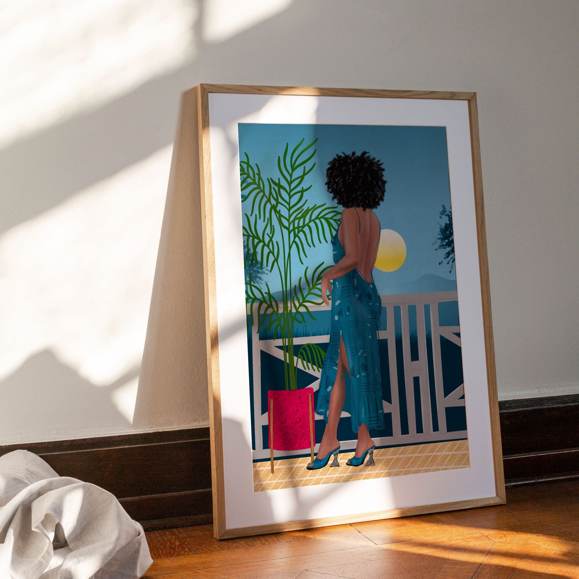 Artwork featuring Camila, a classy black woman with afro hair, illuminated by moonlight with a lush tropical backdrop