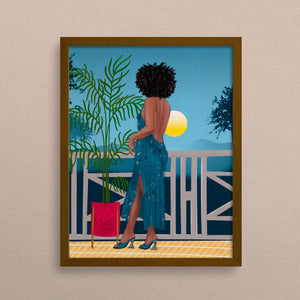 Illustration of Camila, a sophisticated black woman with afro hair, standing in front of moonlight with a tropical background