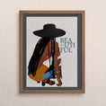 Load image into Gallery viewer, Illustration of a fashionable black woman in blue, yellow, and rust colors with long braids and a black straw hat.
