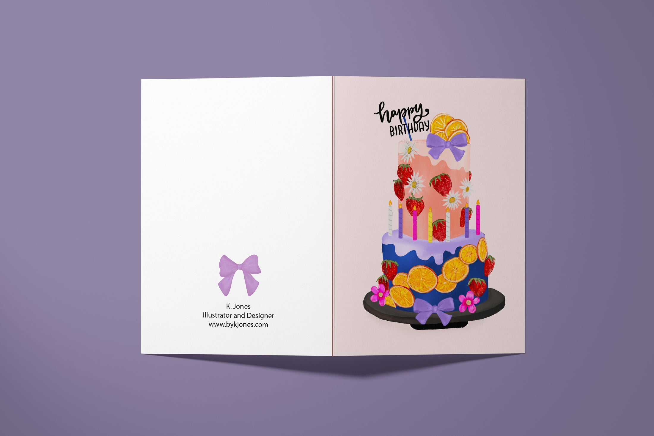 Illustrated bohemian birthday card featuring a colorful two-tier cake decorated with strawberries, oranges, and flowers
