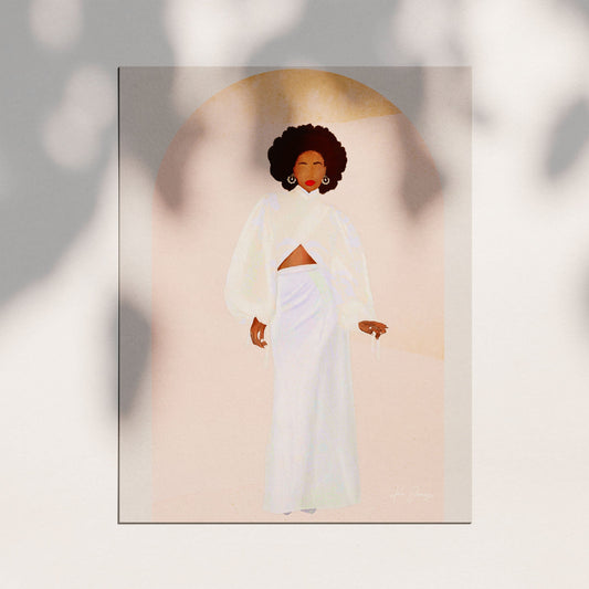 A Black woman in a flowing white dress stands against a golden yellow background.