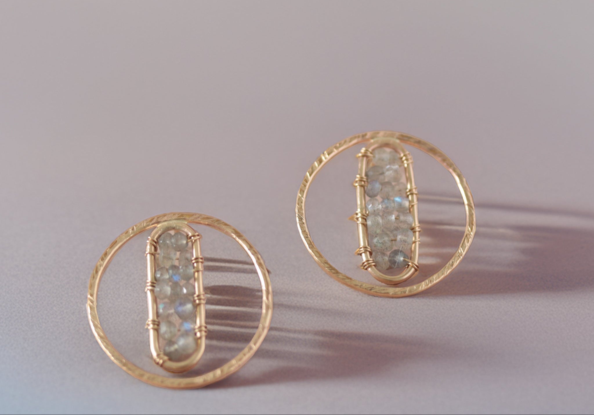 Gold stud earrings with labradorite gemstones 