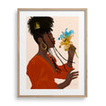 Load image into Gallery viewer, Elegant black woman named Kyra, depicted in a minimalist scene, enjoying the scent of flowers in a burnt orange dress.
