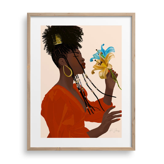 Elegant black woman named Kyra, depicted in a minimalist scene, enjoying the scent of flowers in a burnt orange dress.