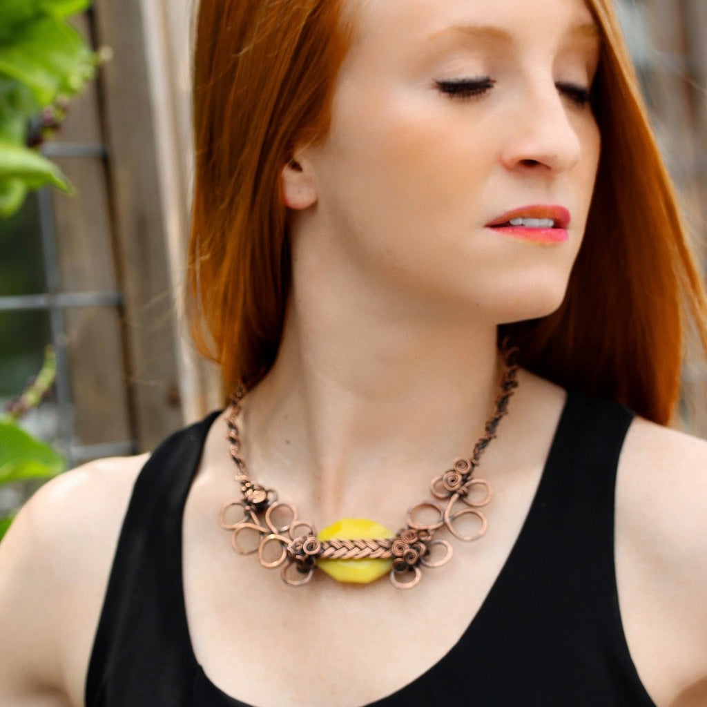 Boho copper jewelry with yellow gemstones 