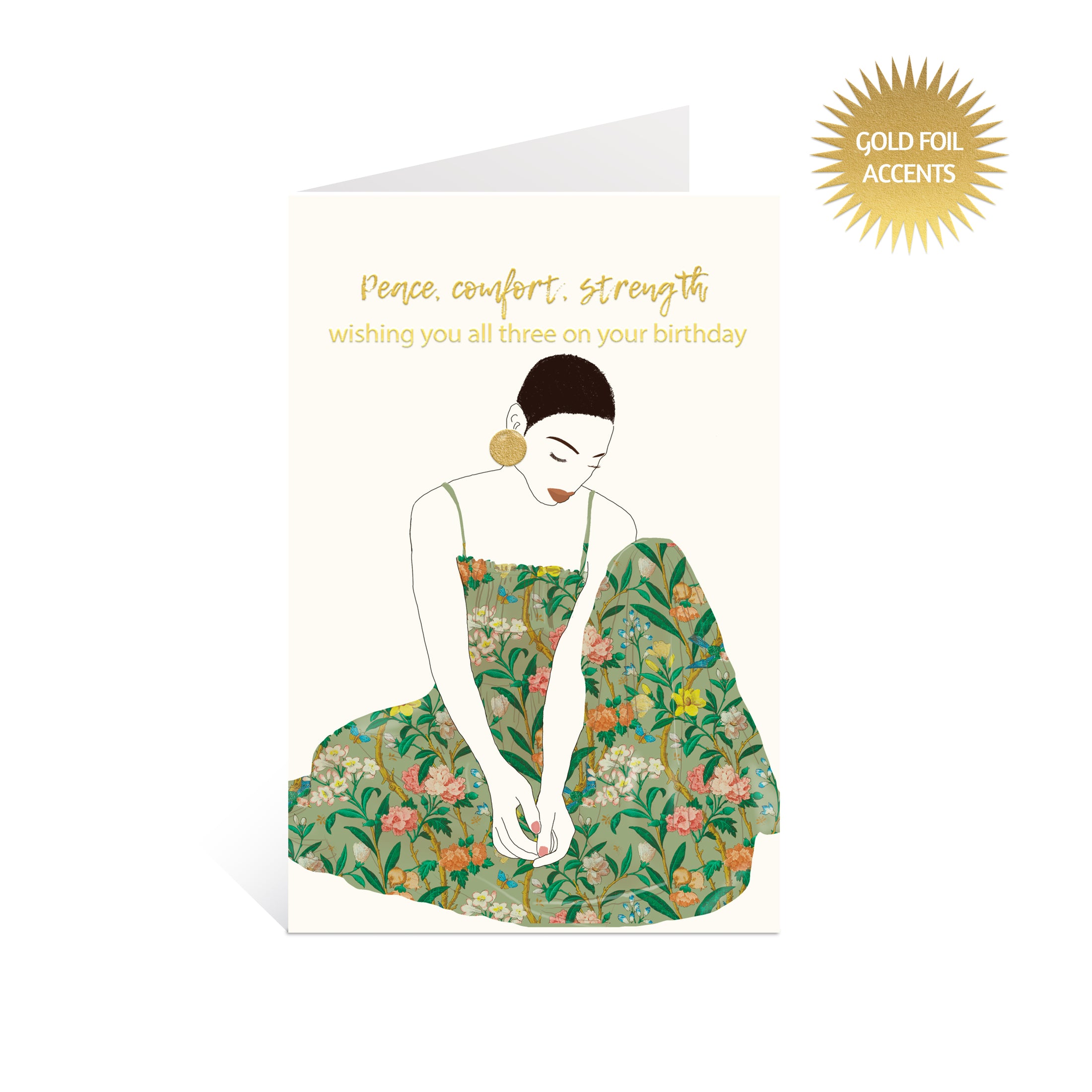 Line art illustration of a woman in a green flower dress sitting peacefully, with gold foil earrings and a birthday message
