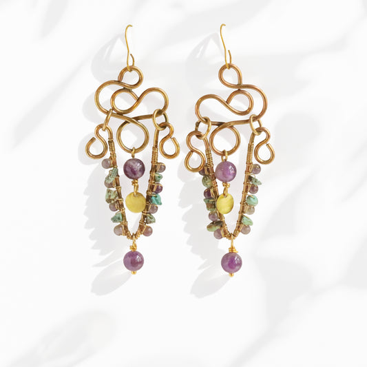 Brass chandelier earrings with sculptural wire work, amethyst, and turquoise — handmade by bykjones