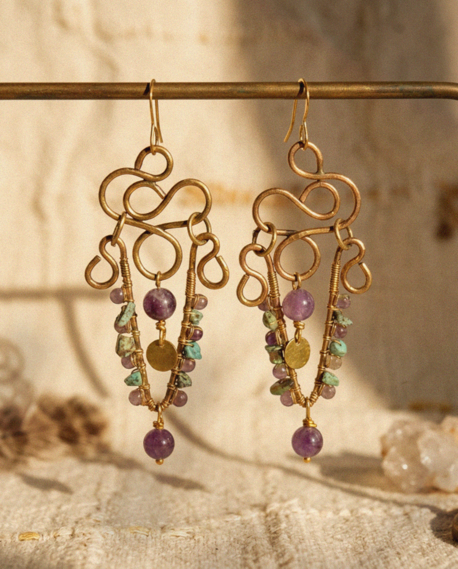 Amethyst Turquoise Brass Chandelier Earrings