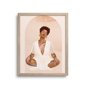 Serene art print depicting a Black woman meditating, finding inner peace.