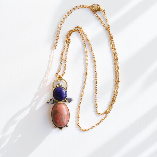 Handmade brass pendant necklace with rhodonite and lapis lazuli stones on 18k gold satellite chain, full flat lay, artisan jewelry by bykjones NC