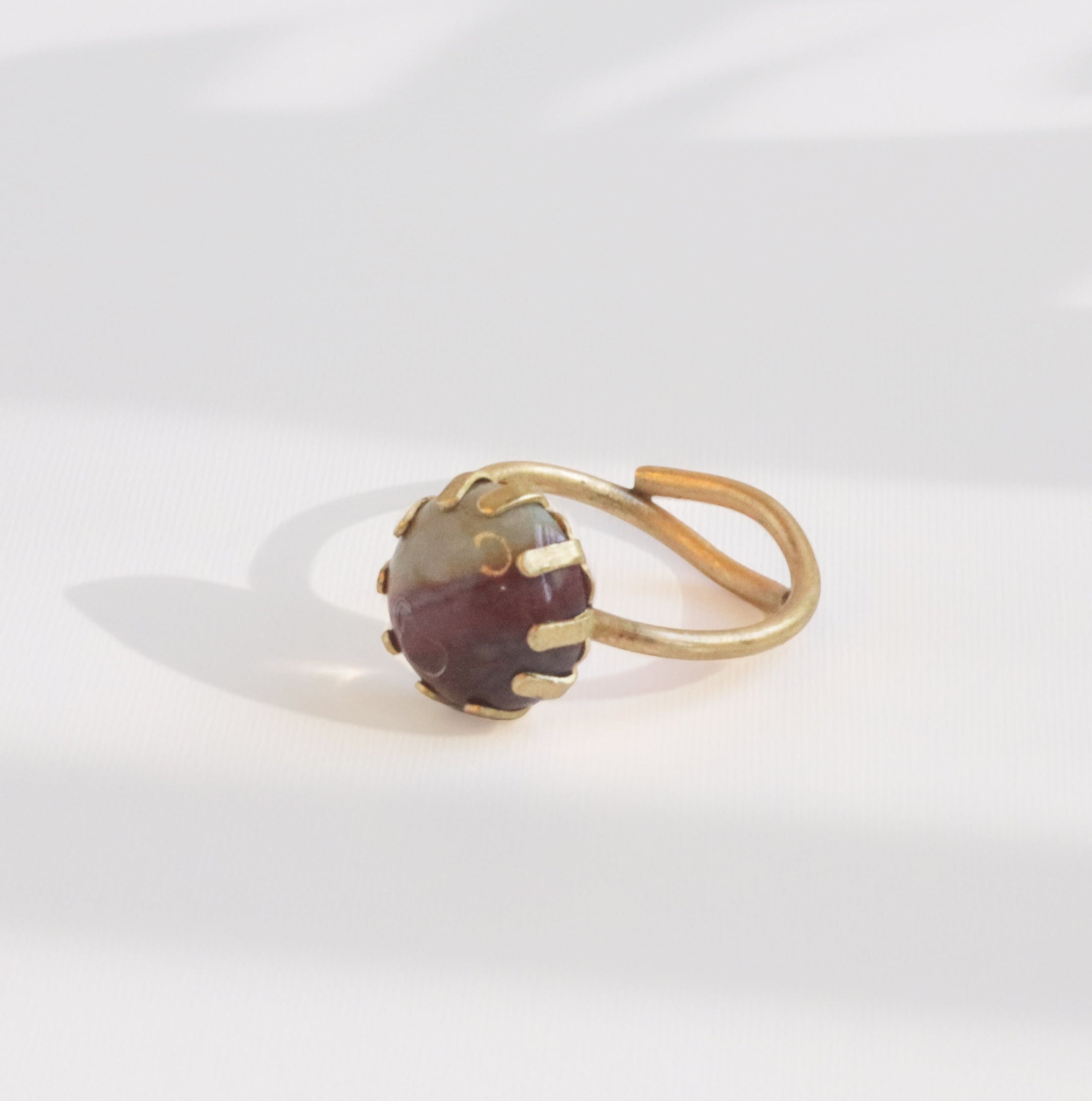 Fancy jasper brass statement ring handmade, sage green and deep plum two-tone stone, prong setting, adjustable brass band, bykjones