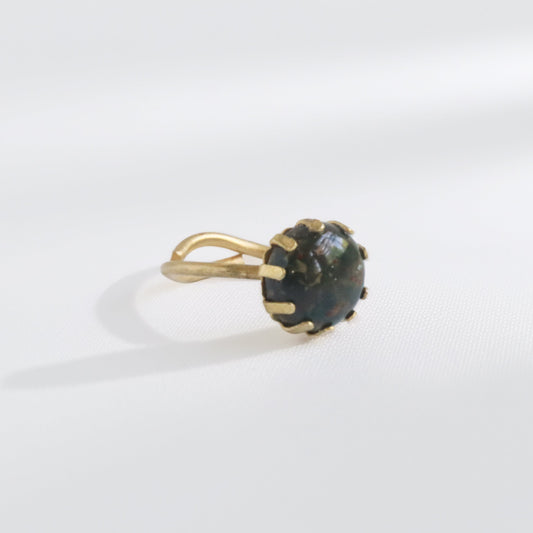 Fancy jasper brass statement ring handmade, dark green and yellow specks stone prong setting, adjustable brass band, bykjones