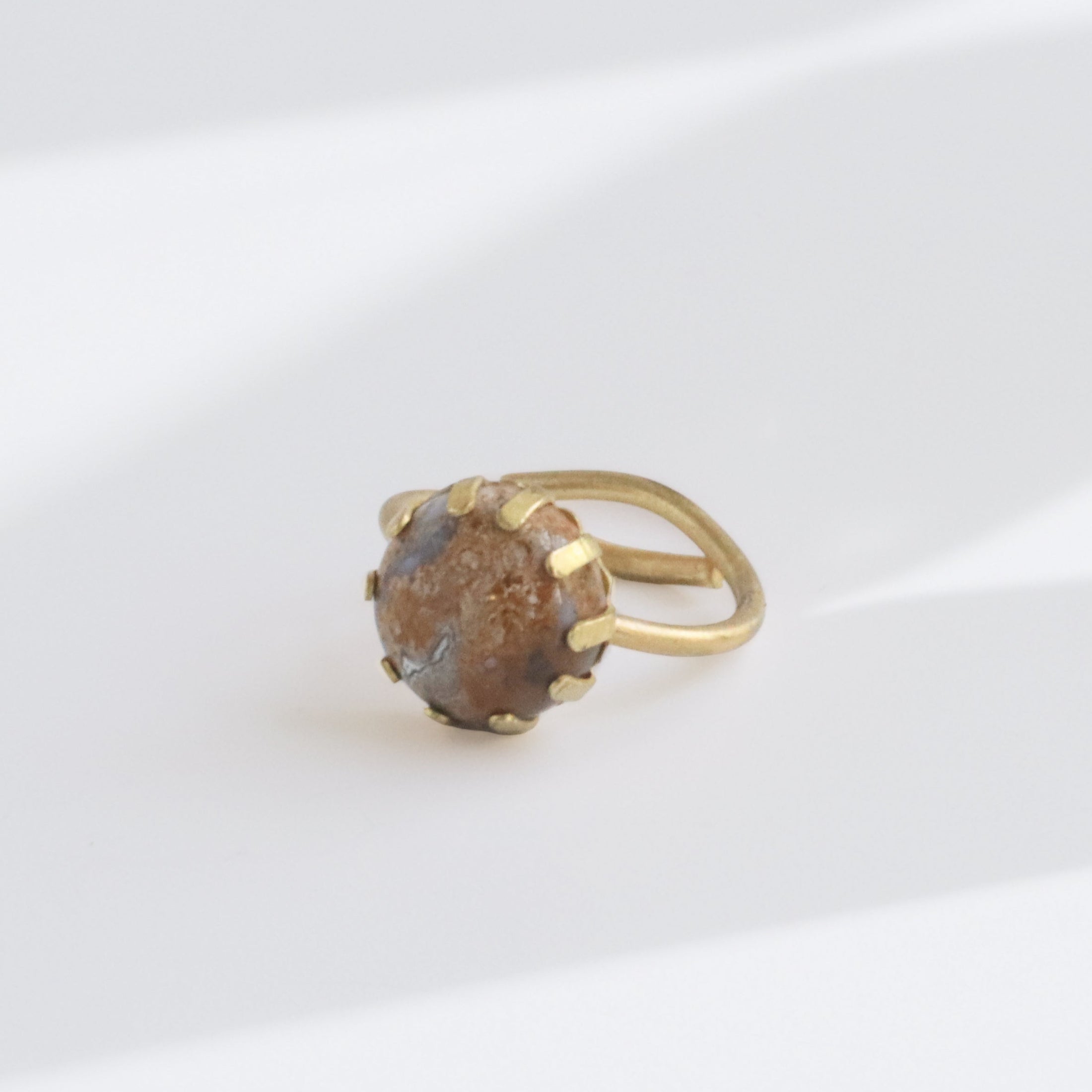 Fancy jasper brass statement ring handmade, orange, and grey stone, prong setting, adjustable brass band, bykjones