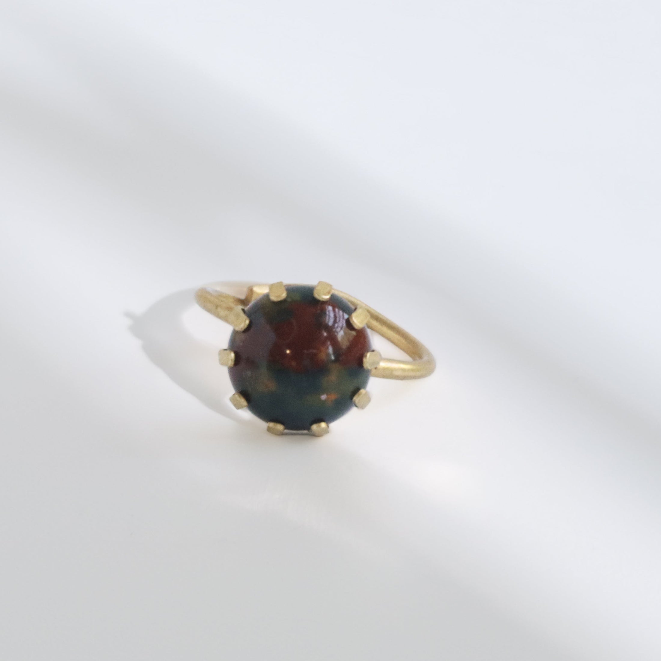 Fancy jasper brass statement ring handmade, hunter green and deep red two-tone stone, prong setting, adjustable brass band, bykjones.