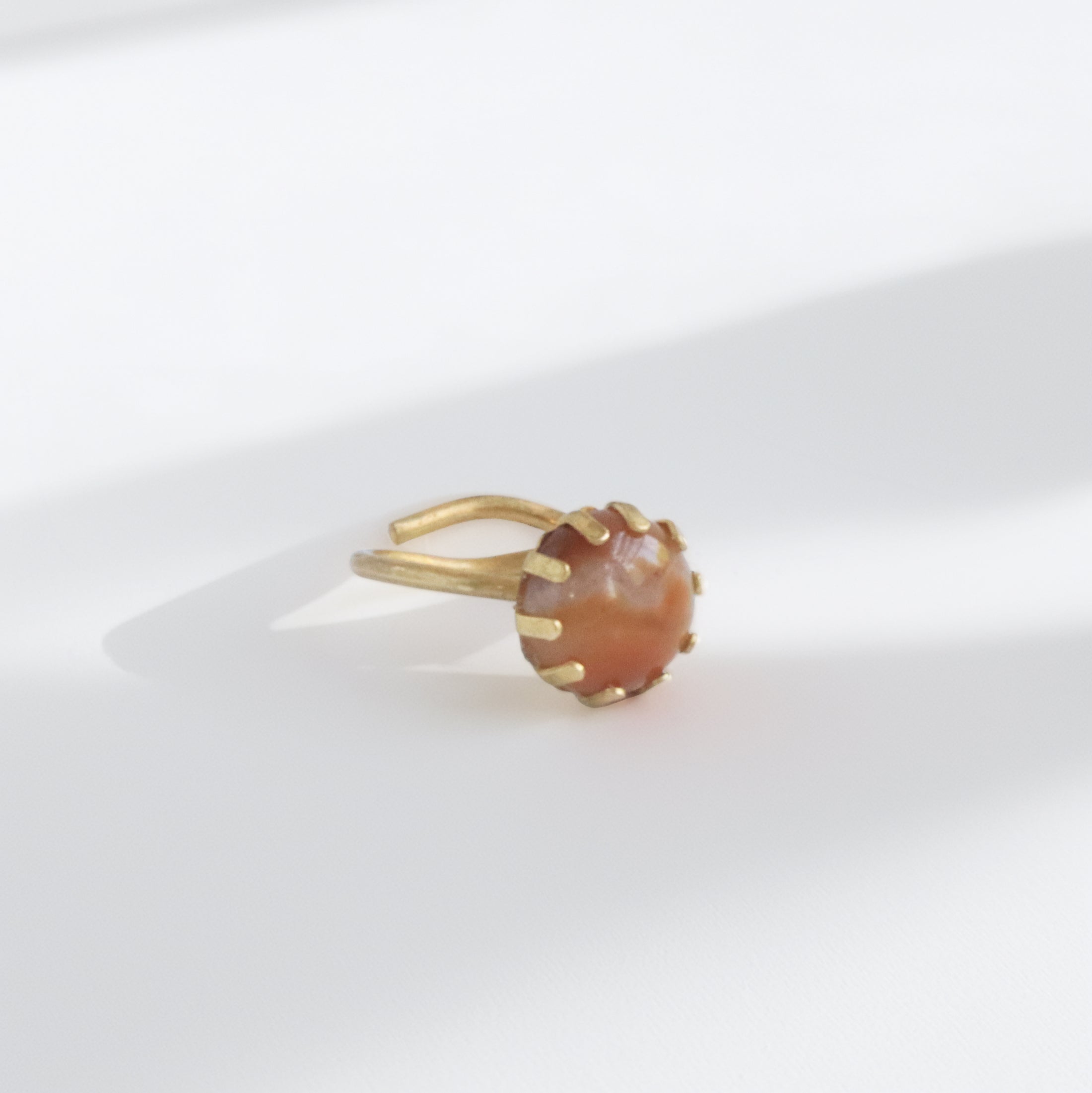Fancy jasper brass statement ring handmade, orange and cream two-tone stone, prong setting, adjustable brass band, bykjones