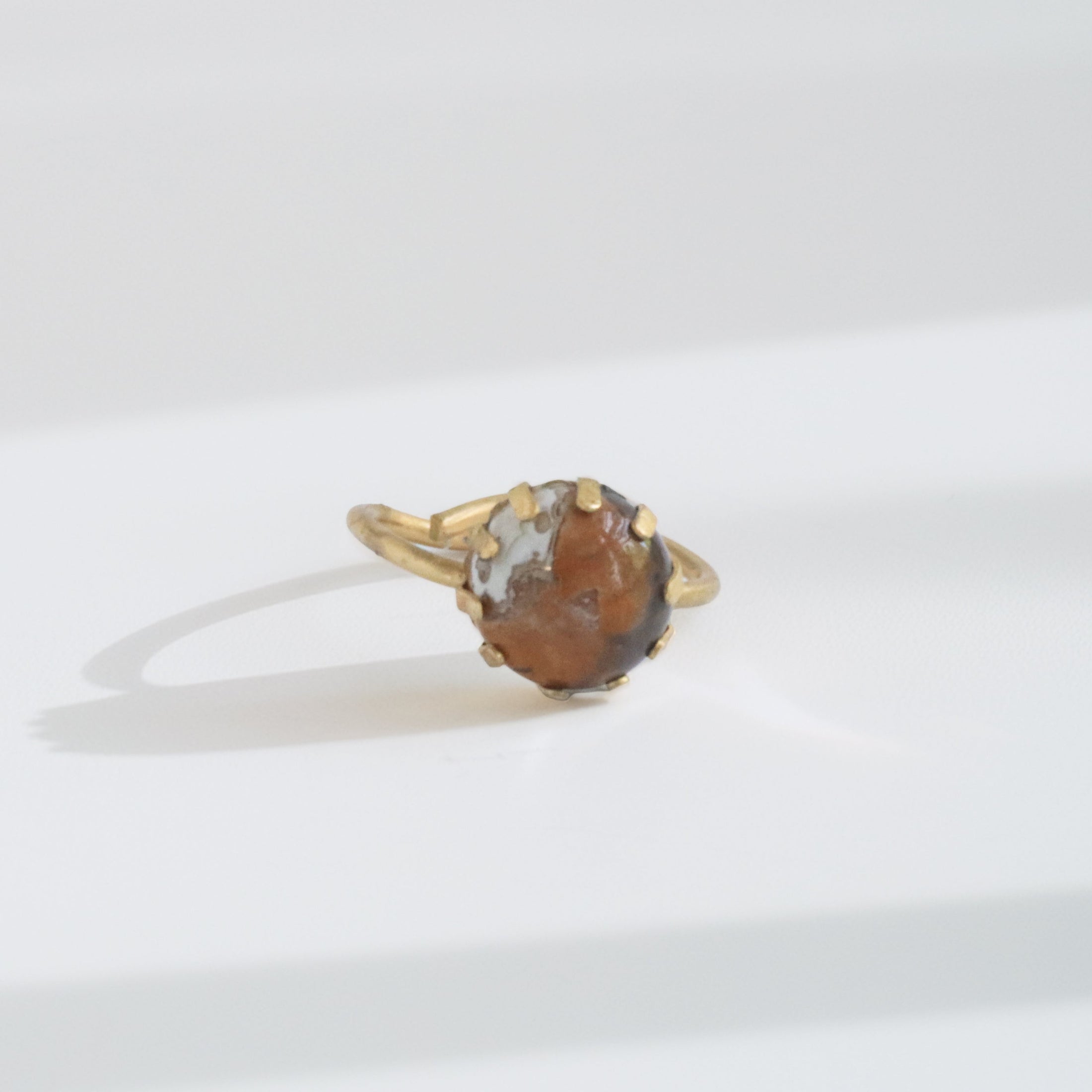 Fancy jasper brass statement ring handmade, grey, orange and sage multi color stone, prong setting, adjustable brass band, bykjones