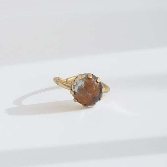 Fancy jasper brass statement ring handmade, grey, orange and sage multi color stone, prong setting, adjustable brass band, bykjones
